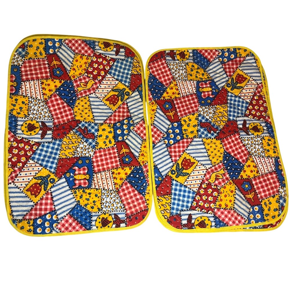 Vintage Quilted Patchwork Placemats Set of 4‎ Yellow Red gingham Blue Farmhouse